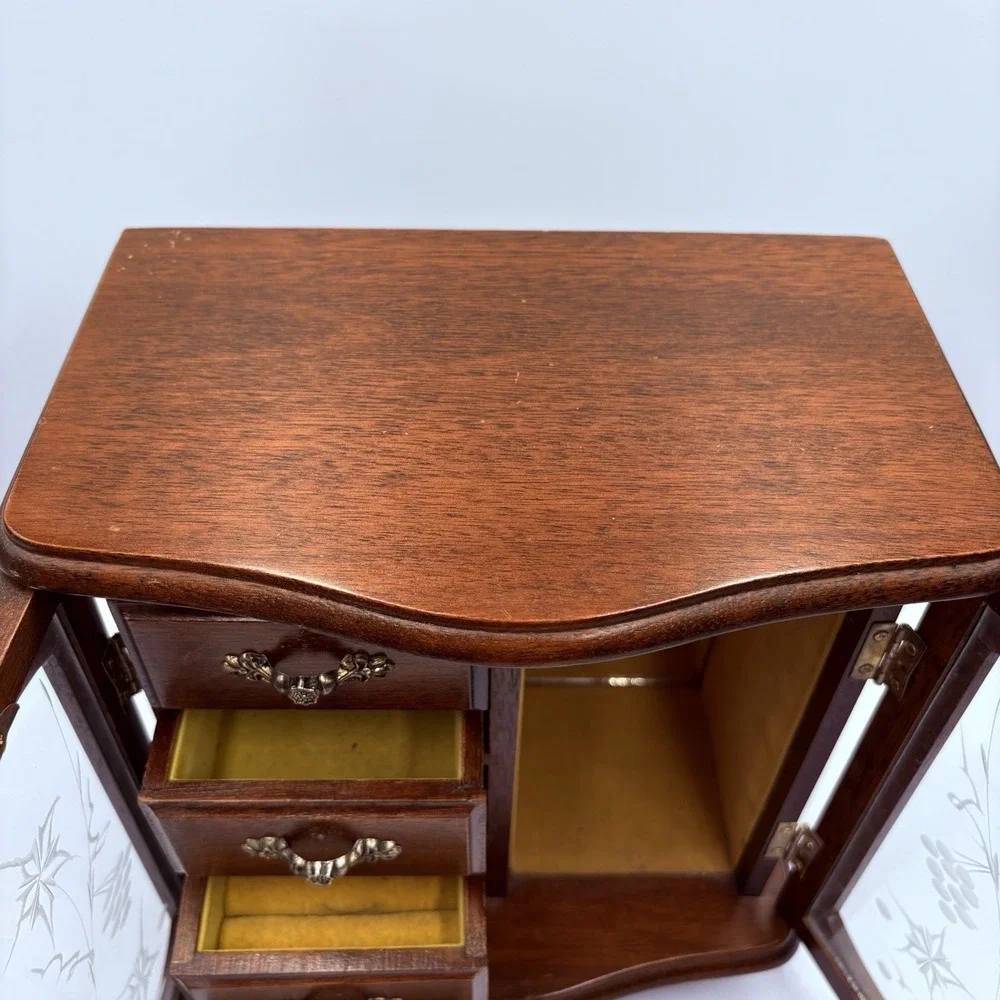French Provincial Style Wooden Jewelry Armoire Chest Box Case Gold Glass Doors